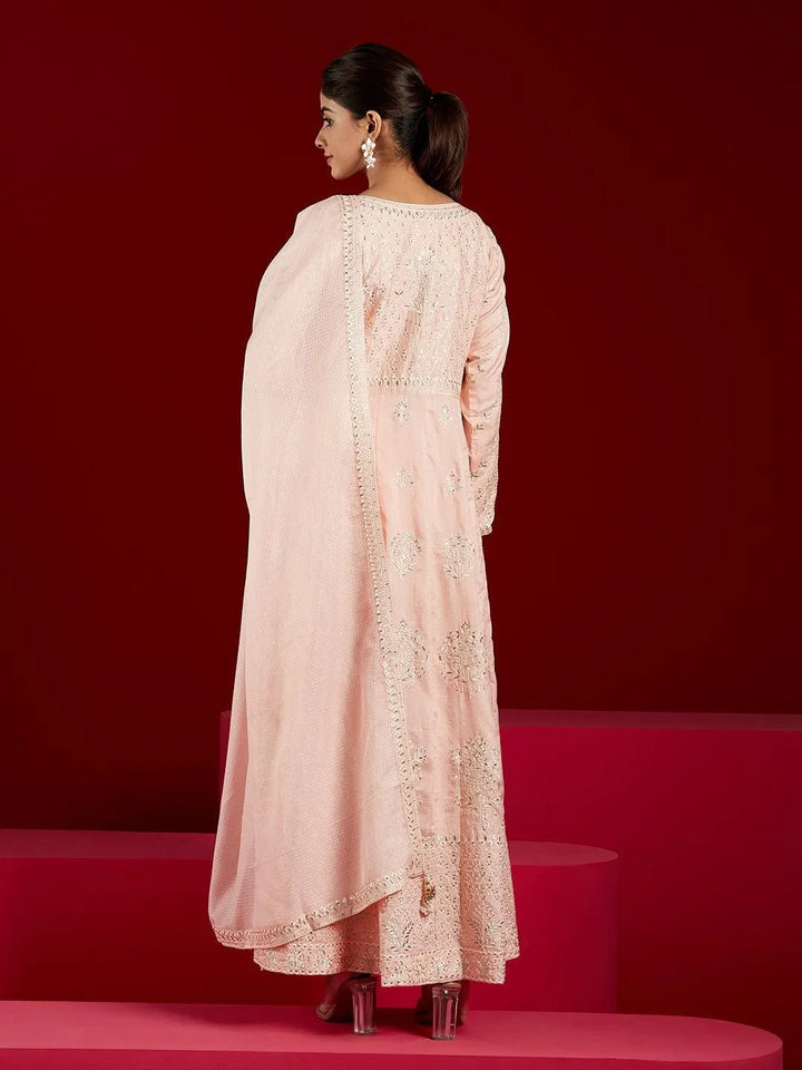 Libas Art Peach Embroidered Silk A-Line Kurta With Trousers & Dupatta - Libas