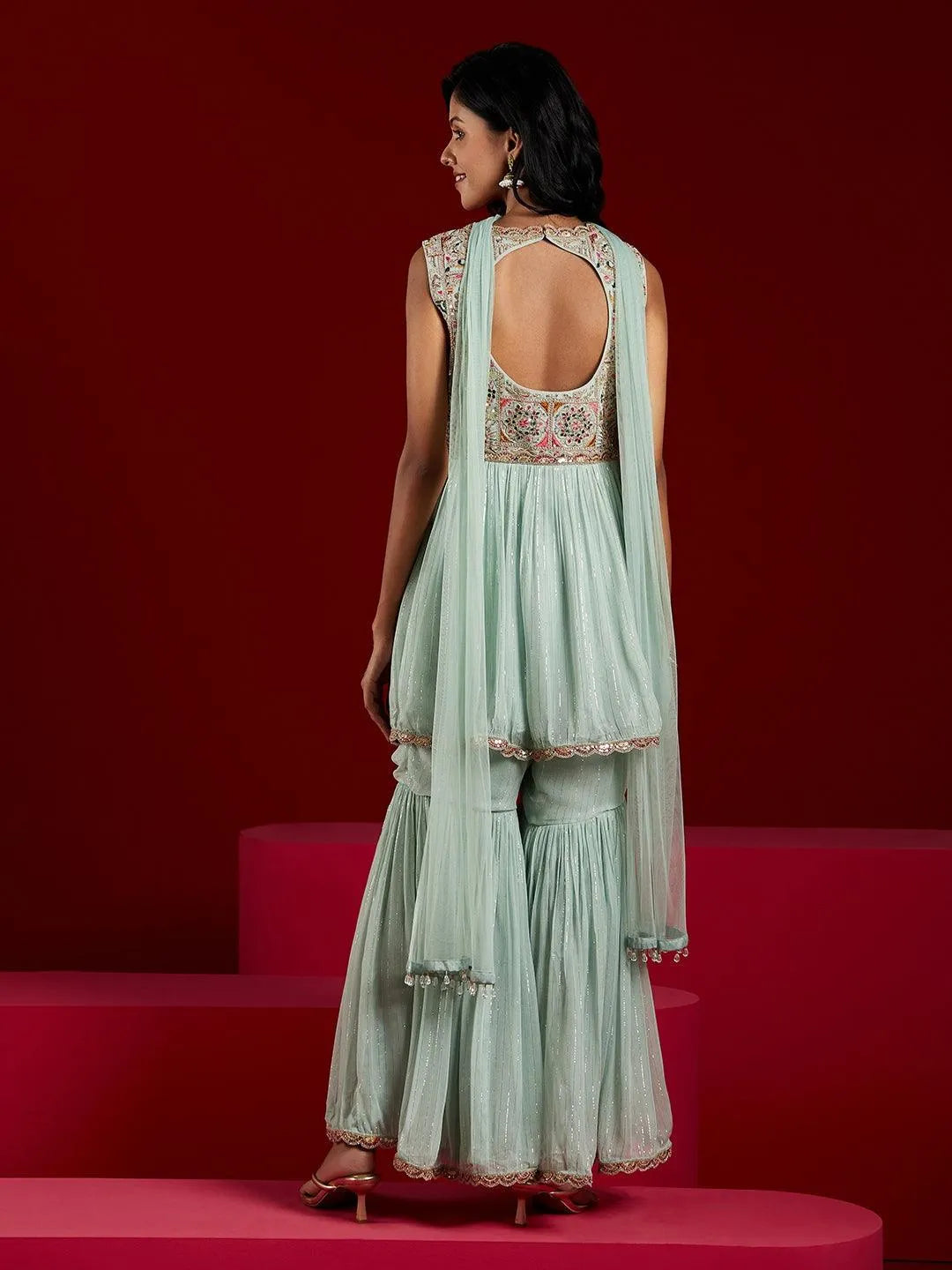 Libas Art Powder Blue Embroidered Chiffon A-Line Kurti With Sharara & Dupatta - Libas