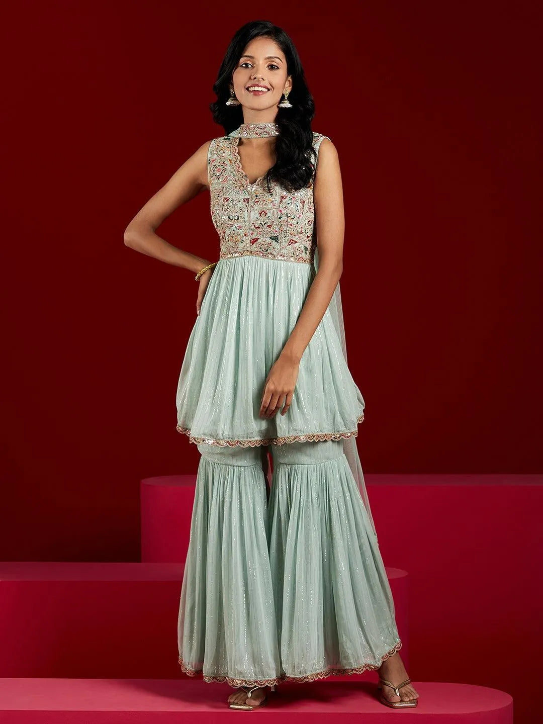 Libas Art Powder Blue Embroidered Chiffon A-Line Kurti With Sharara & Dupatta - Libas