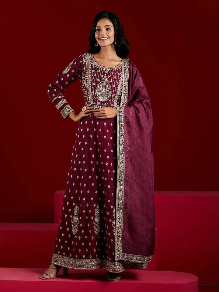 Libas Art Wine Embroidered Silk A-Line Kurta With Trousers & Dupatta - Libas