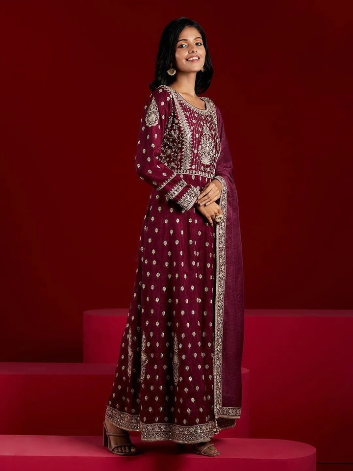 Libas Art Wine Embroidered Silk A-Line Kurta With Trousers & Dupatta - Libas