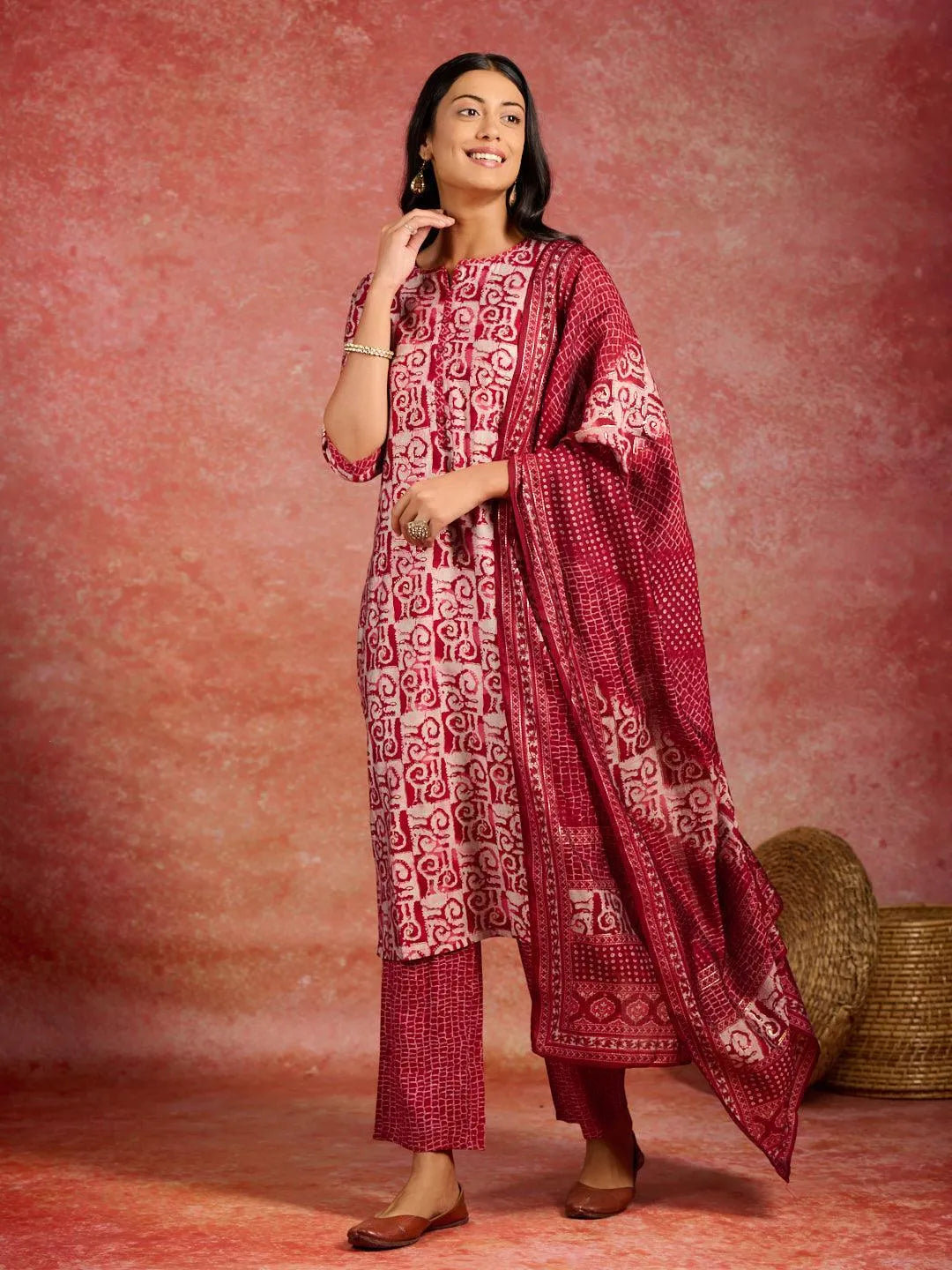 Maroon Printed Silk Blend Straight Kurta With Trousers & Dupatta - Libas