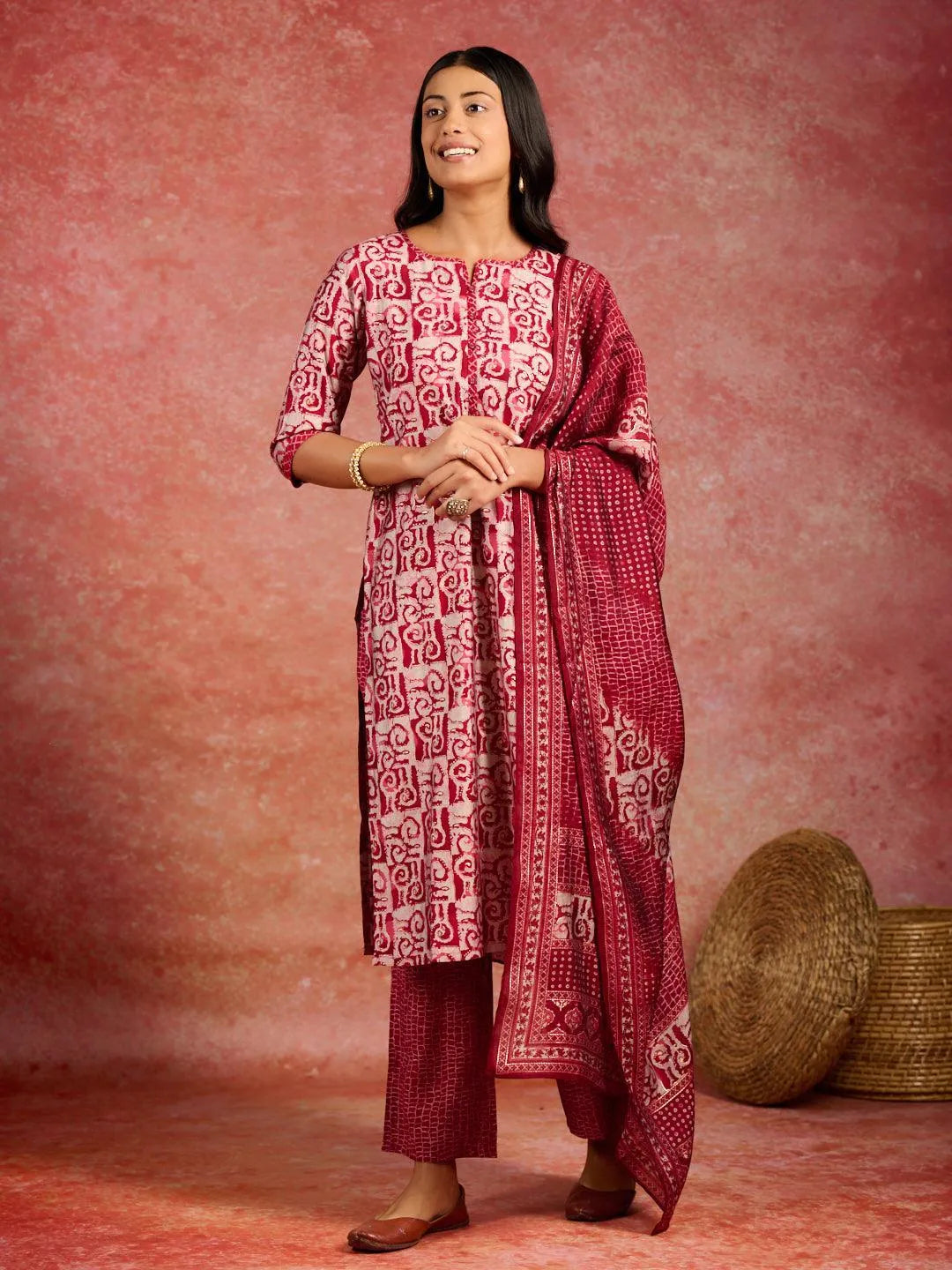 Maroon Printed Silk Blend Straight Kurta With Trousers & Dupatta - Libas