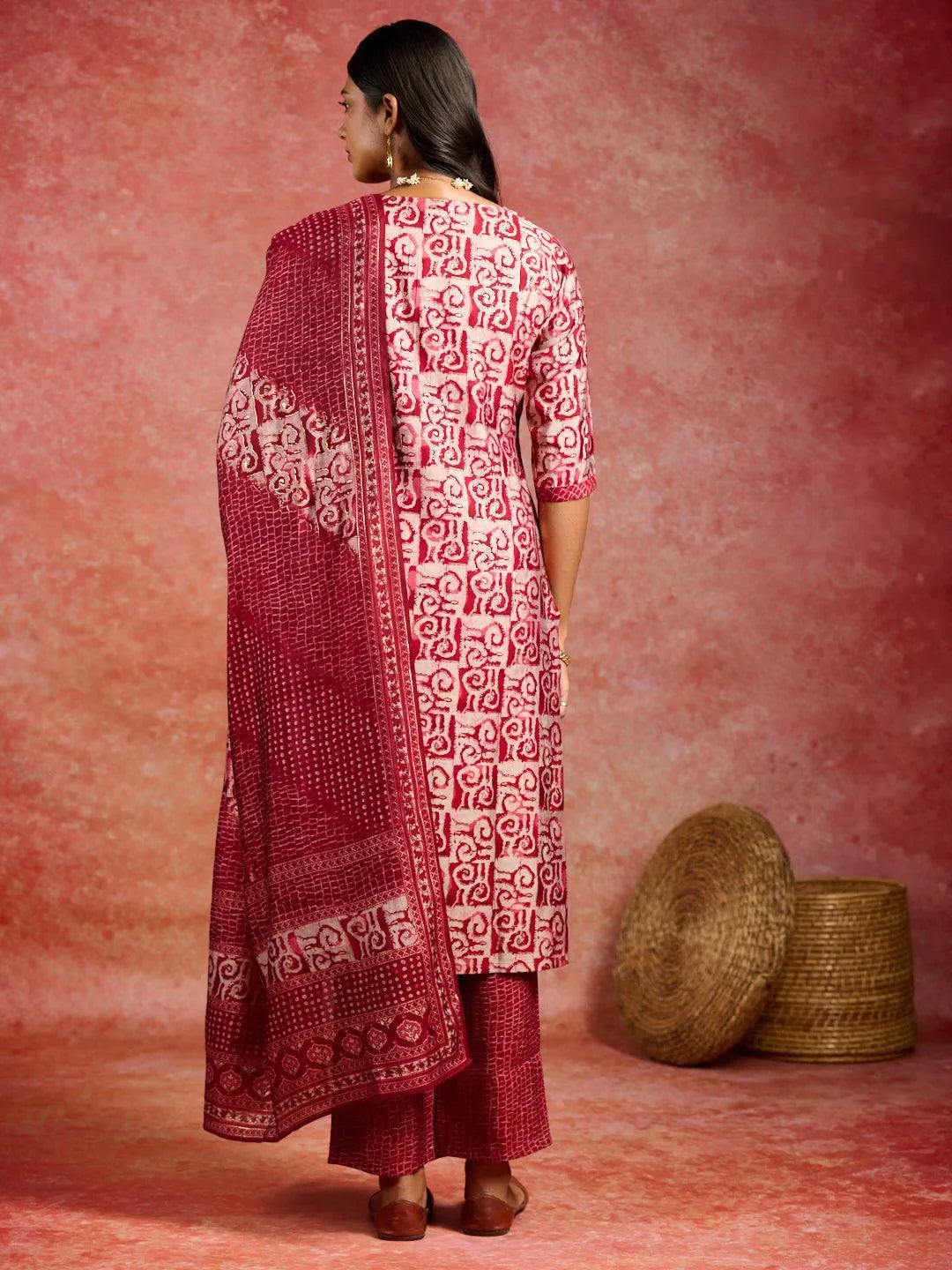 Maroon Printed Silk Blend Straight Kurta With Trousers & Dupatta - Libas