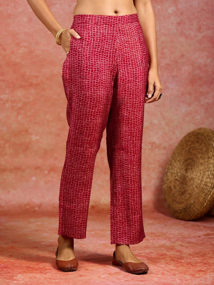 Maroon Printed Silk Blend Straight Kurta With Trousers & Dupatta - Libas