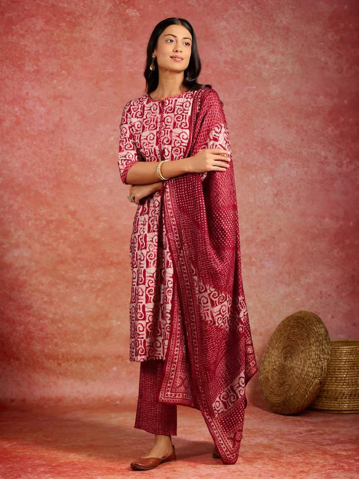 Maroon Printed Silk Blend Straight Kurta With Trousers & Dupatta - Libas