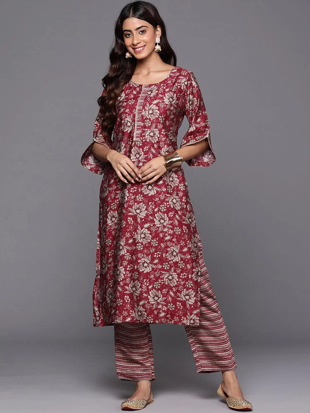 Maroon Printed Silk Blend Straight Kurta With Trousers - Libas