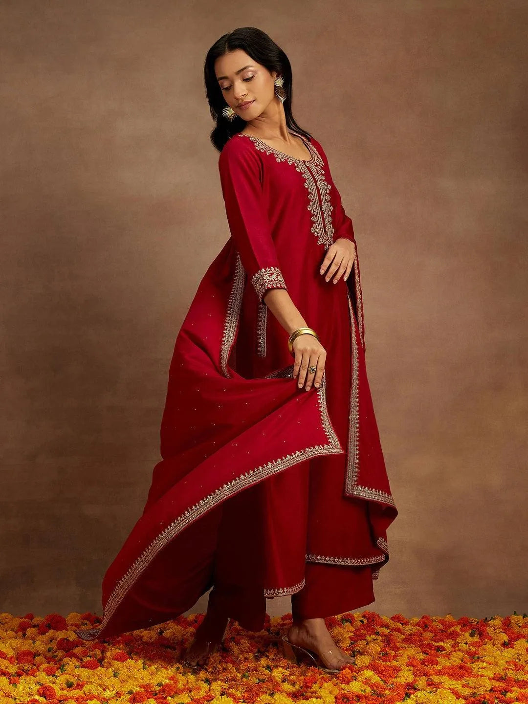 Buy Maroon Yoke Design Silk Blend A-Line Kurta With Palazzos