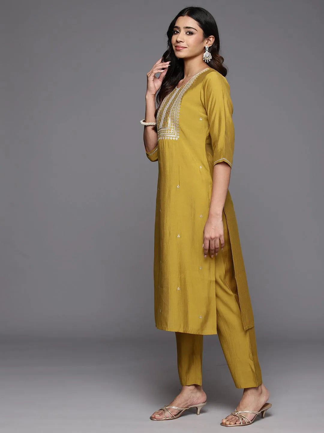 Mustard Embroidered Silk Blend Straight Kurta With Trousers & Dupatta - Libas