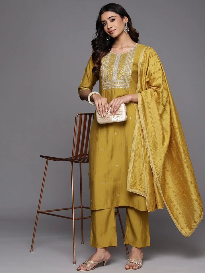 Mustard Embroidered Silk Blend Straight Kurta With Trousers & Dupatta - Libas