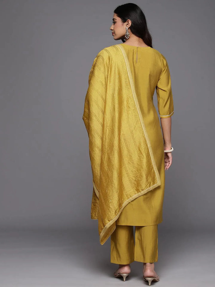 Mustard Embroidered Silk Blend Straight Kurta With Trousers & Dupatta - Libas