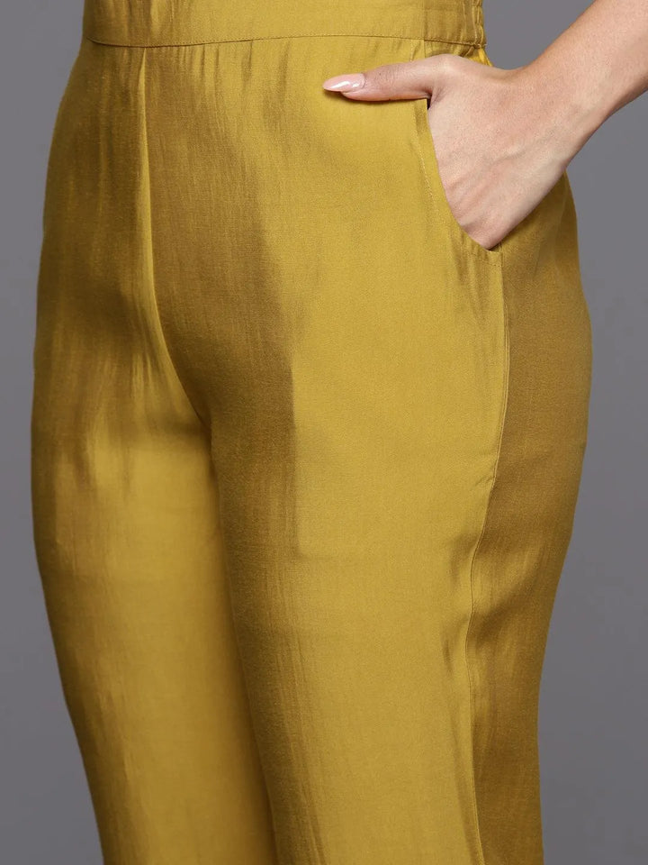 Mustard Embroidered Silk Blend Straight Kurta With Trousers & Dupatta - Libas