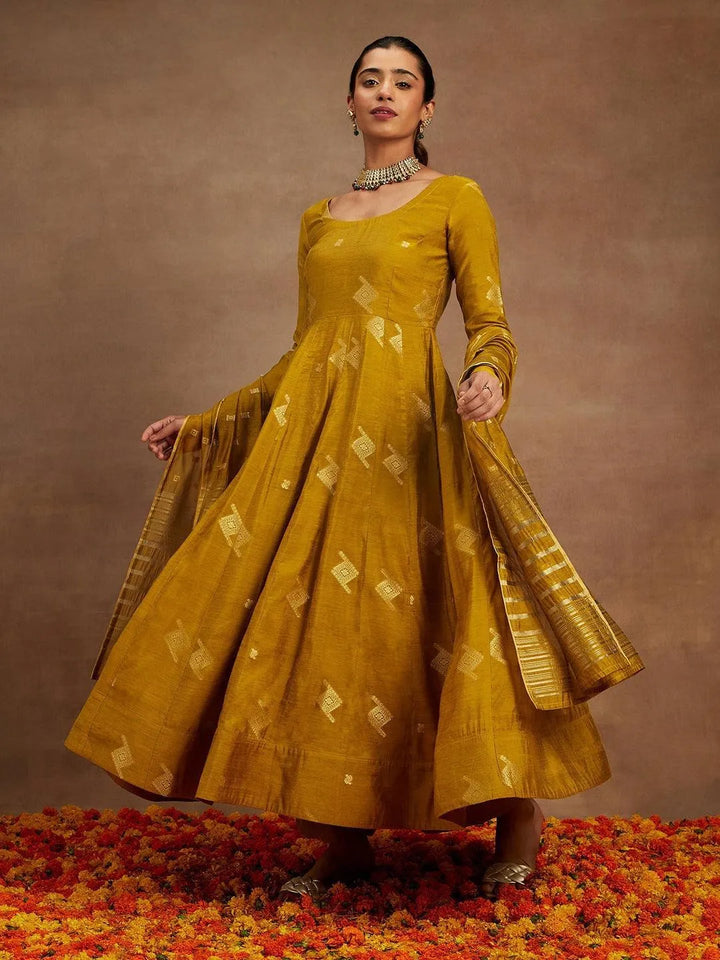 Mustard Woven Design Chanderi Silk Anarkali Kurta With Palazzos & Dupatta - Libas