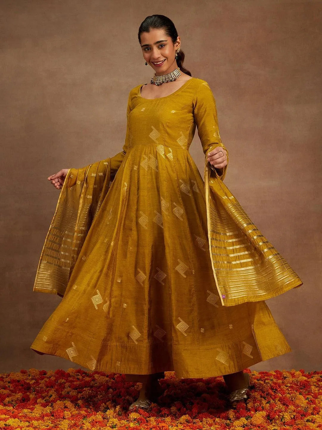 Mustard Woven Design Chanderi Silk Anarkali Kurta With Palazzos & Dupatta - Libas