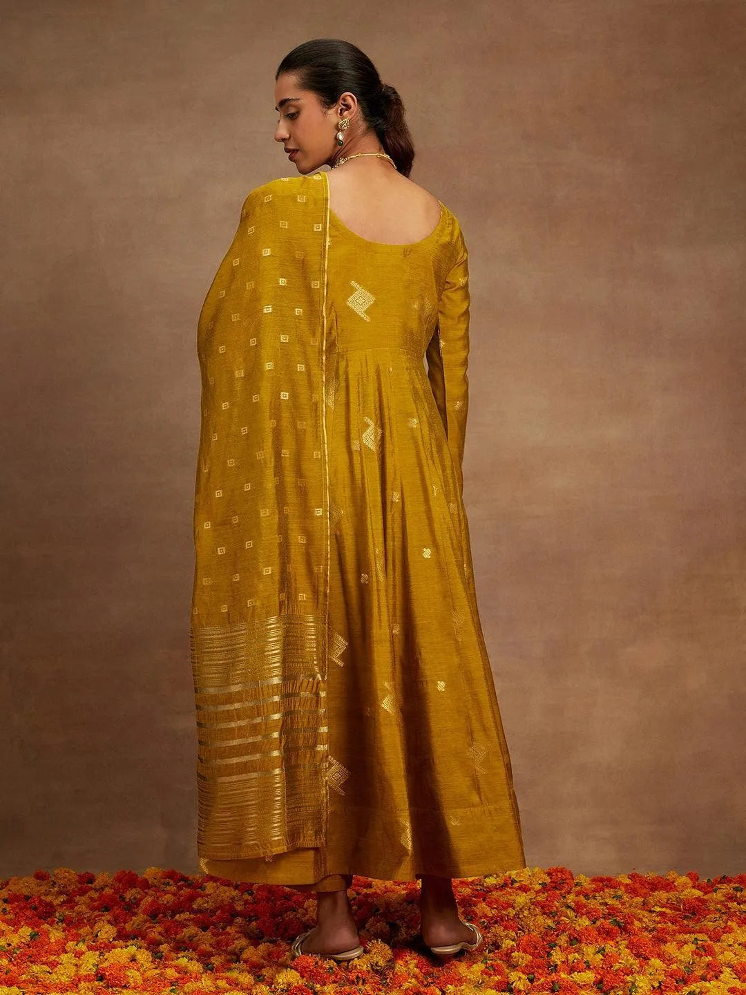 Mustard Woven Design Chanderi Silk Anarkali Kurta With Palazzos & Dupatta - Libas