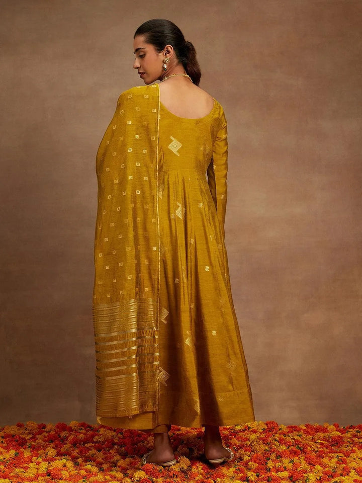 Mustard Woven Design Chanderi Silk Anarkali Kurta With Palazzos & Dupatta - Libas
