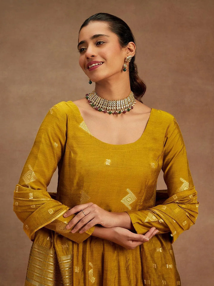 Mustard Woven Design Chanderi Silk Anarkali Kurta With Palazzos & Dupatta - Libas