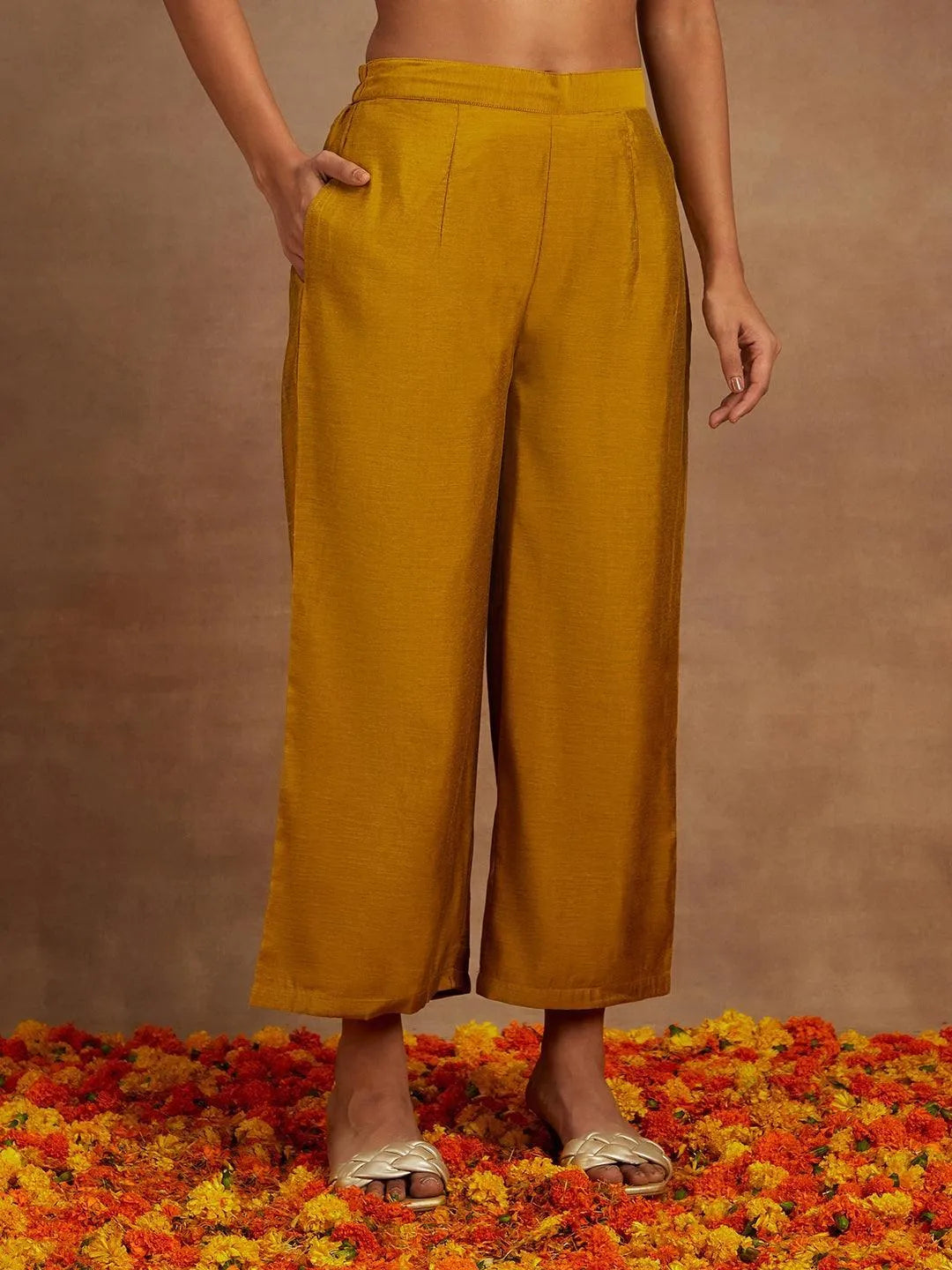 Mustard Woven Design Chanderi Silk Anarkali Kurta With Palazzos & Dupatta - Libas
