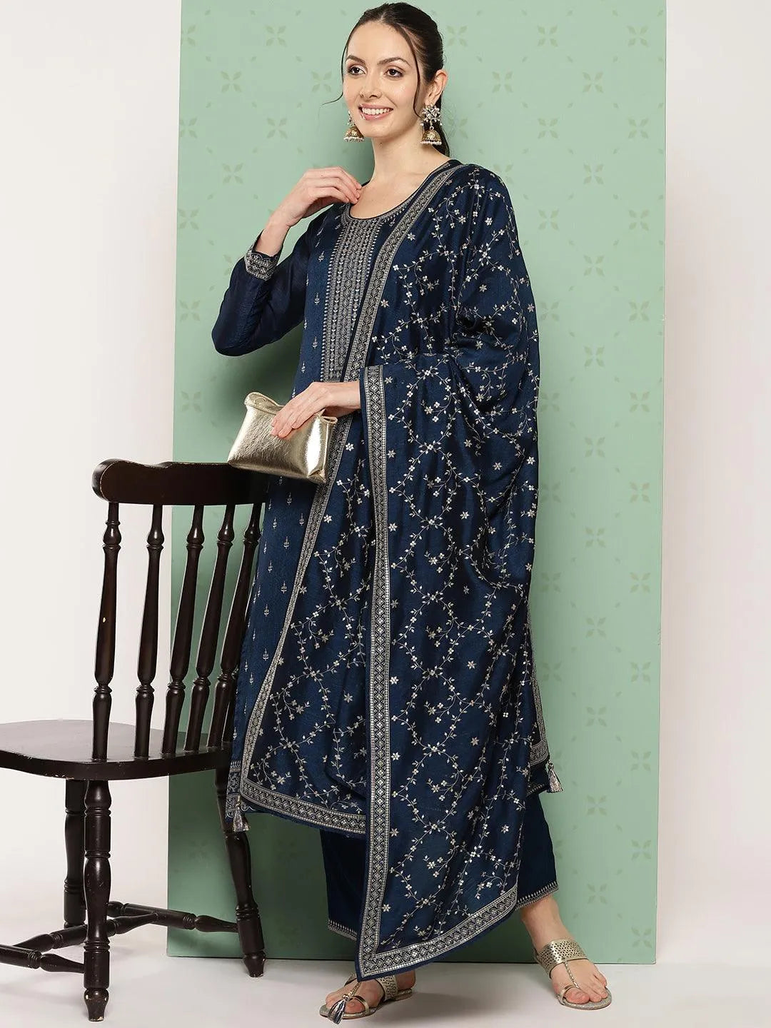 Navy Blue Embroidered Silk Blend Straight Kurta Trousers Set