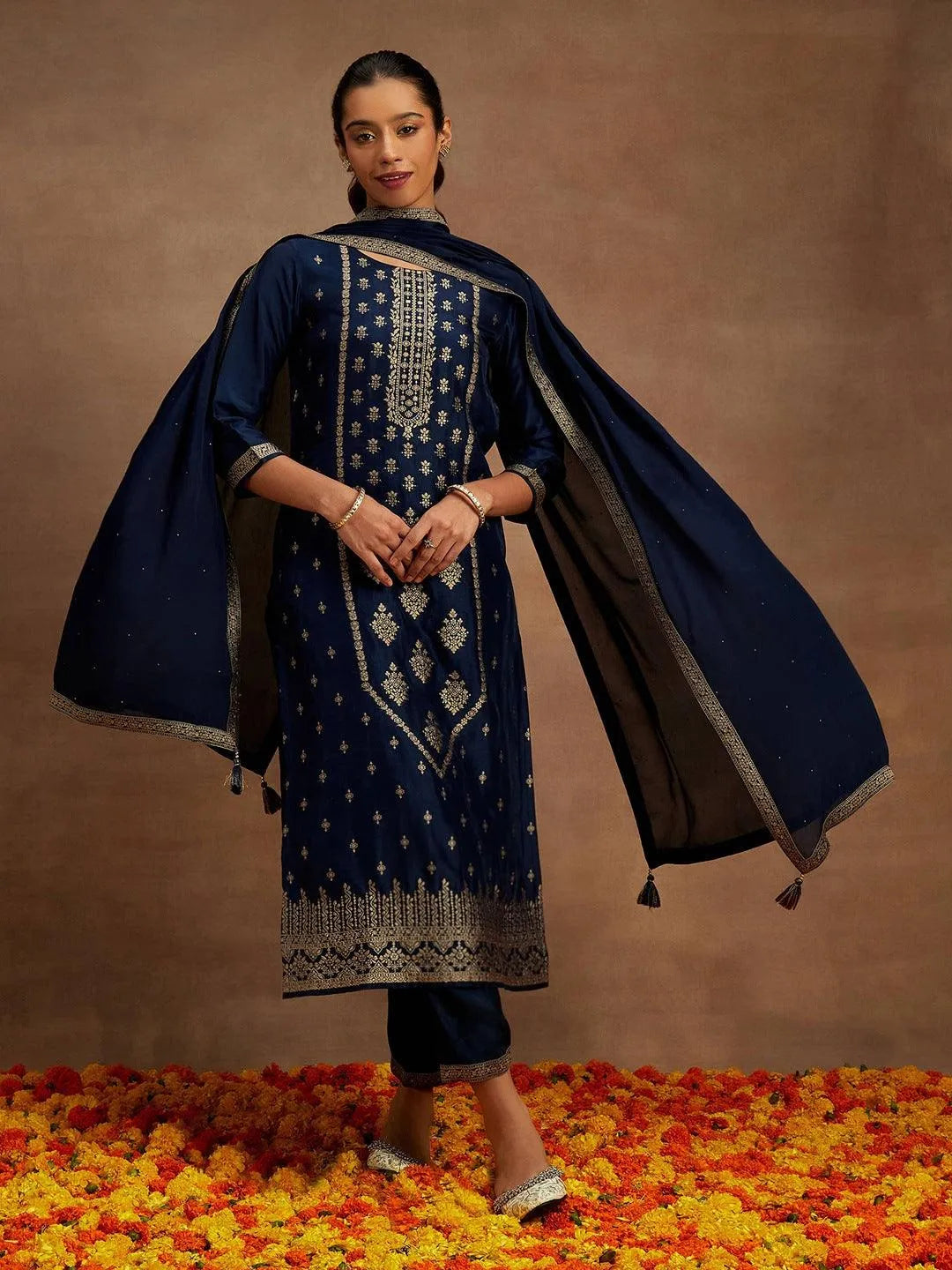 Plus Size Blue Woven Design Silk Blend Suit Set main image 1