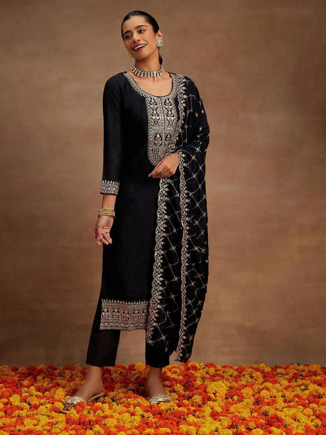 Navy Yoke Design Silk Blend Straight Kurta With Trousers & Dupatta - Libas