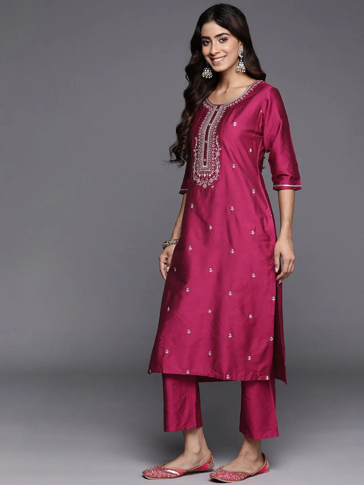 Pink Embroidered Silk Blend Straight Kurta With Trousers & Dupatta - Libas