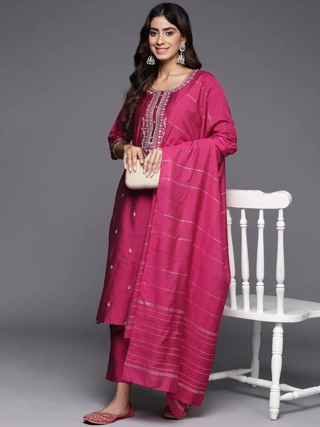 Pink Embroidered Silk Blend Straight Kurta With Trousers & Dupatta - Libas