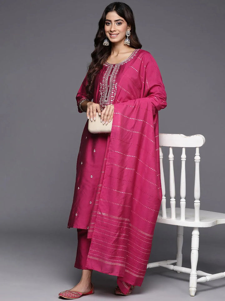 Pink Embroidered Silk Blend Straight Kurta With Trousers & Dupatta - Libas