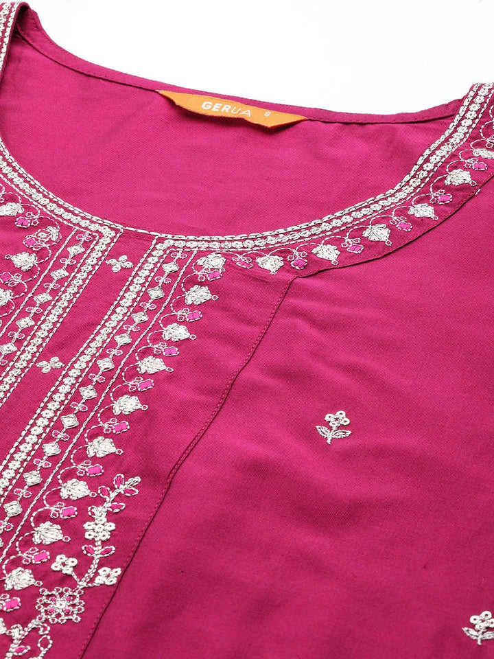 Pink Embroidered Silk Blend Straight Kurta With Trousers & Dupatta - Libas
