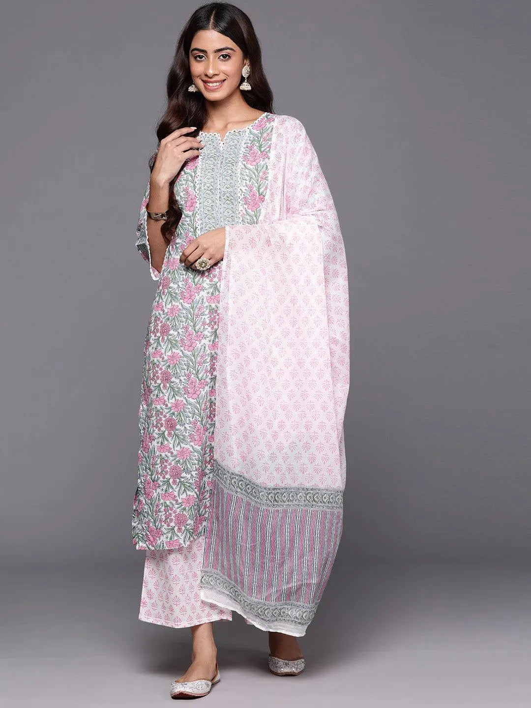 Pink Printed Cotton Straight Kurta With Palazzos & Dupatta - Libas