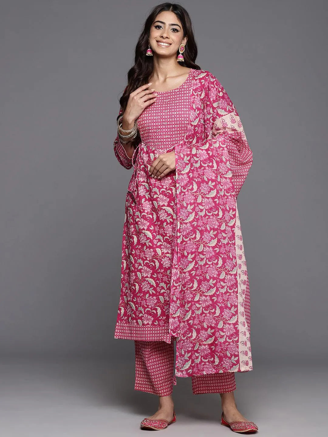 Pink Printed Cotton Straight Kurta With Trousers & Dupatta - Libas