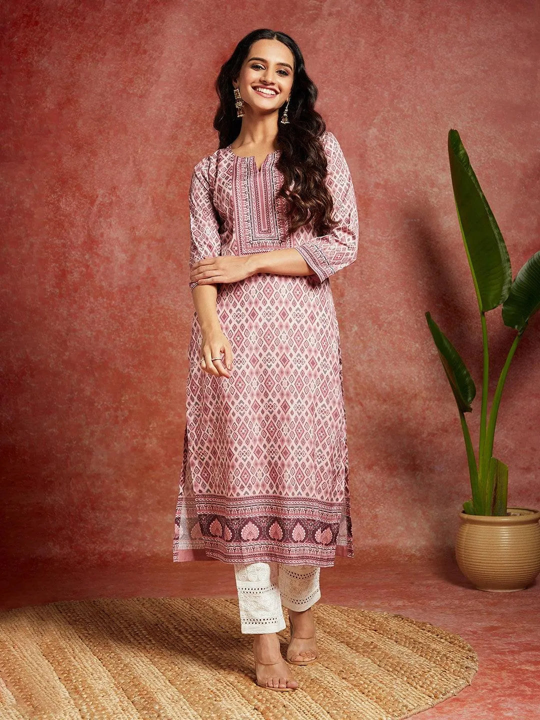 Pink Printed Crepe Straight Kurta - Libas