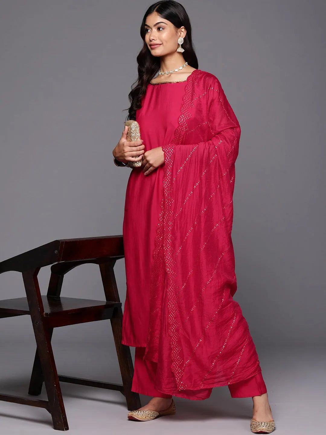 Pink Solid Silk Blend Straight Kurta With Trousers & Dupatta - Libas