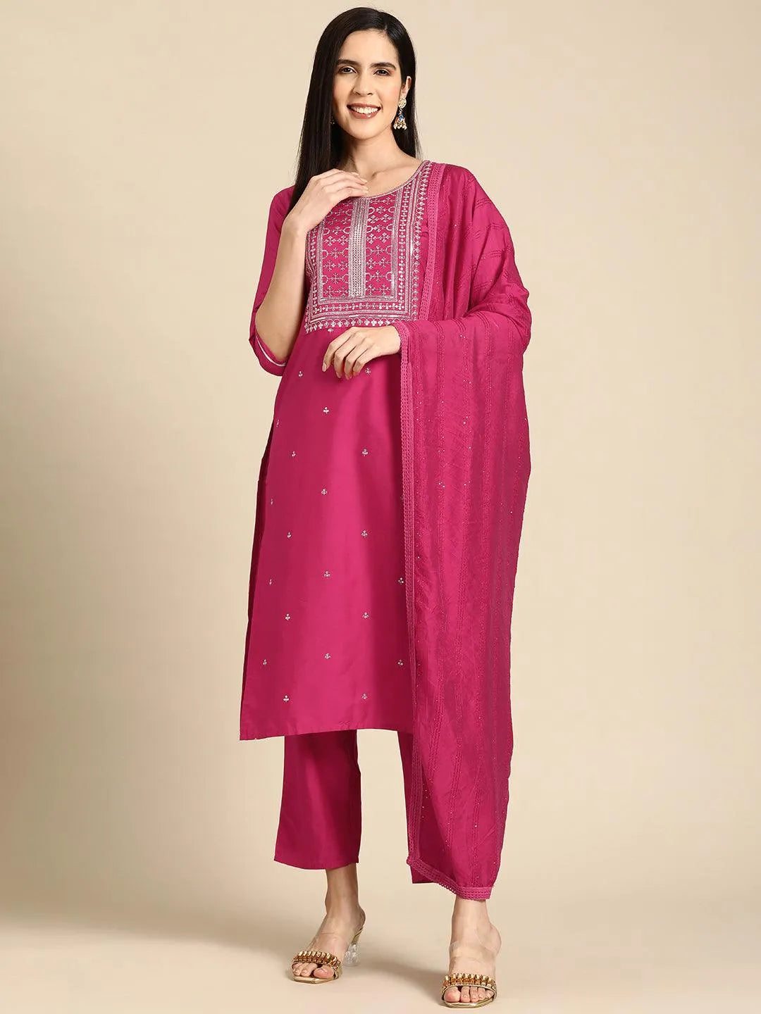 Pink Yoke Design Silk Blend Straight Suit With Dupatta Online at Rs.1648 | Libas