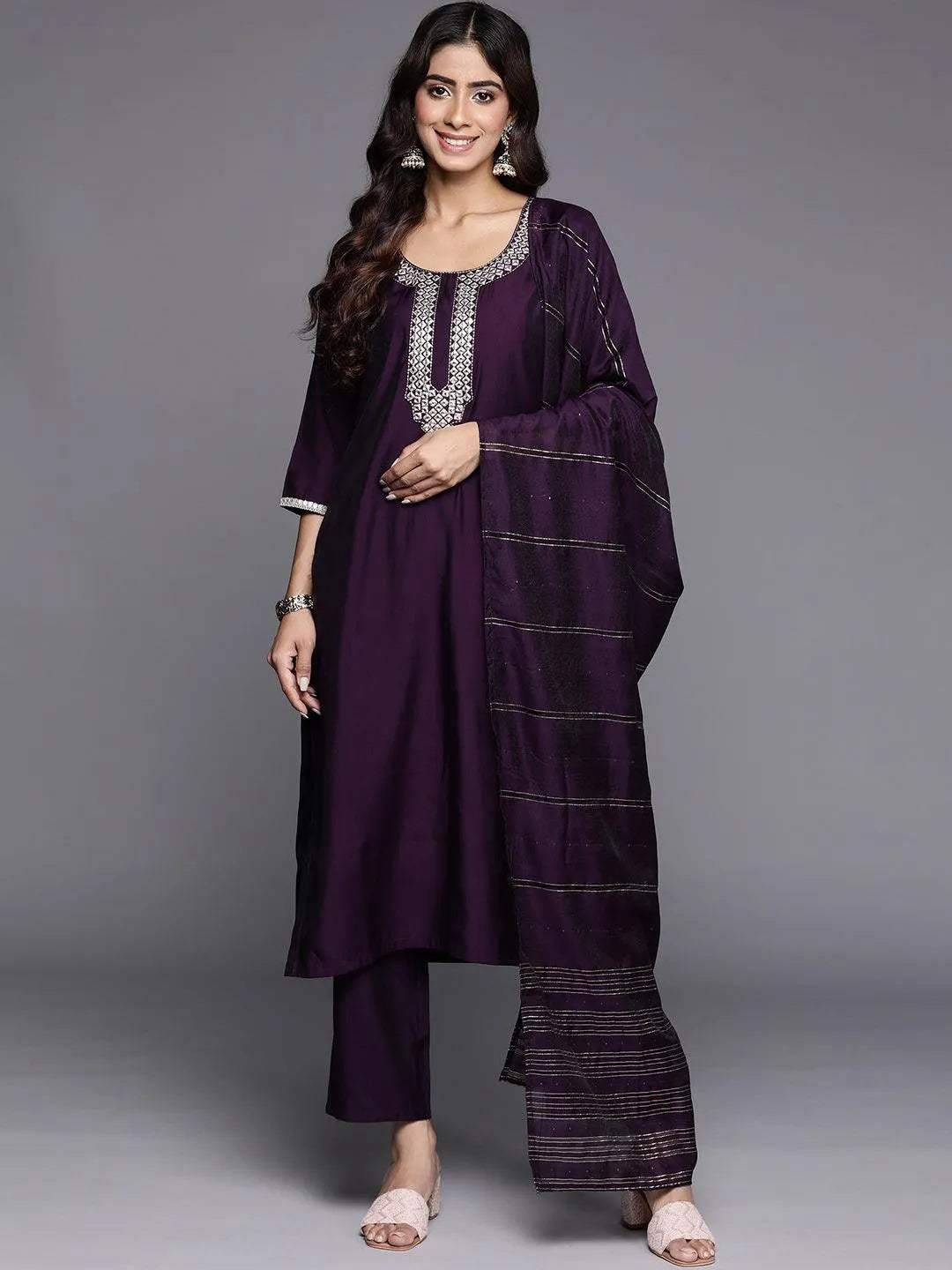 Purple Embroidered Silk Blend Straight Kurta With Trousers & Dupatta - Libas