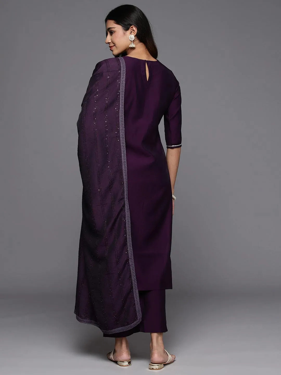 Purple Embroidered Silk Blend Straight Kurta With Trousers & Dupatta - Libas