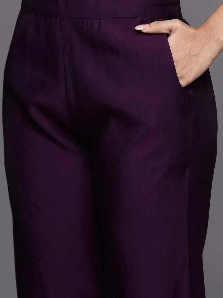 Purple Embroidered Silk Blend Straight Kurta With Trousers & Dupatta - Libas