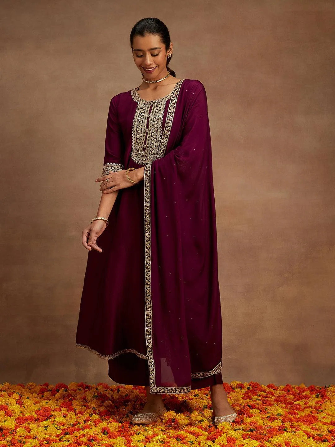 Purple Printed Silk Blend A-Line Kurta With Trousers & Dupatta