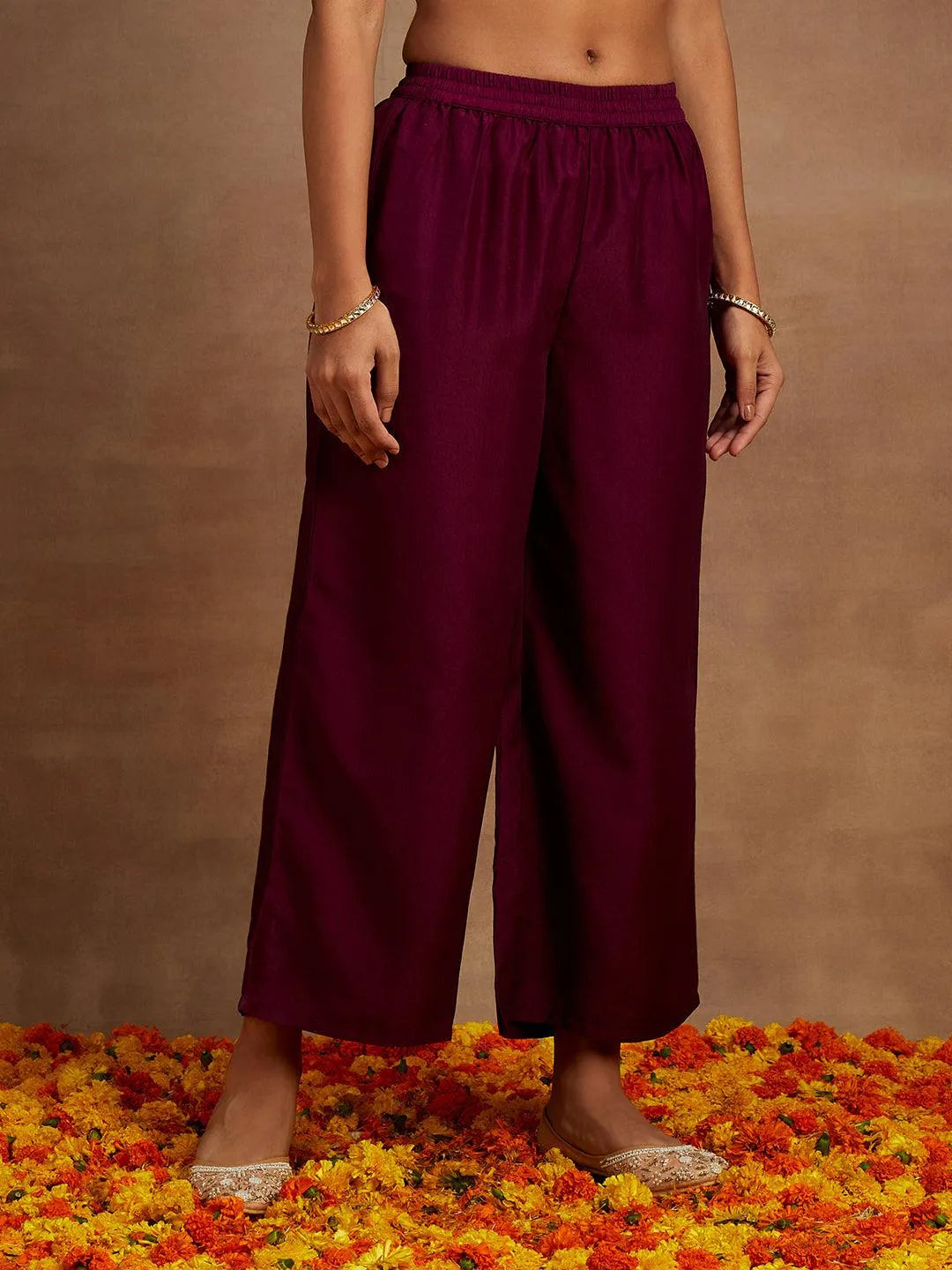 Purple Yoke Design Silk Blend A-Line Kurta With Palazzos & Dupatta - Libas