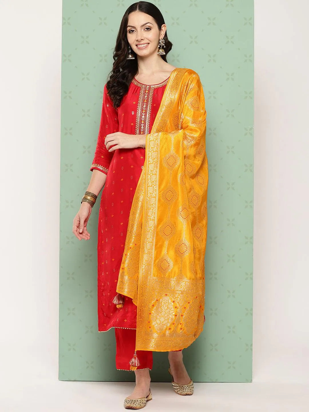 Red Woven Design Silk Straight Kurta With Trousers & Dupatta - Libas