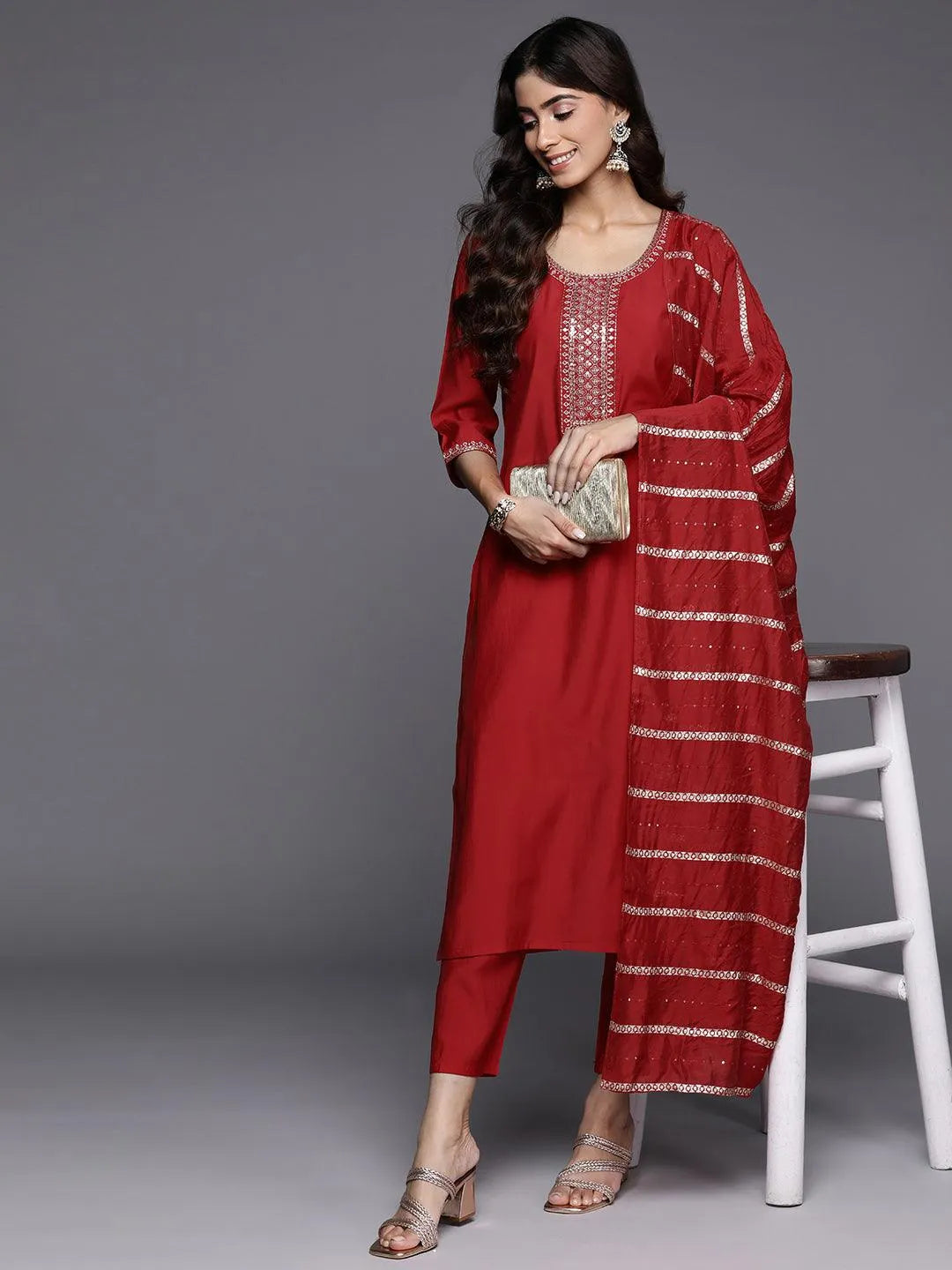 Red Yoke Design Silk Blend Straight Kurta With Trousers & Dupatta Online at Rs.1249 | Libas