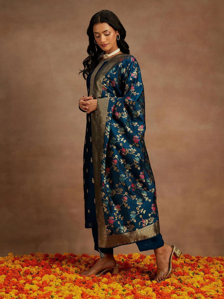 Teal Blue Embroidered Silk Blend Straight Kurta With Trousers & Dupatta - Libas