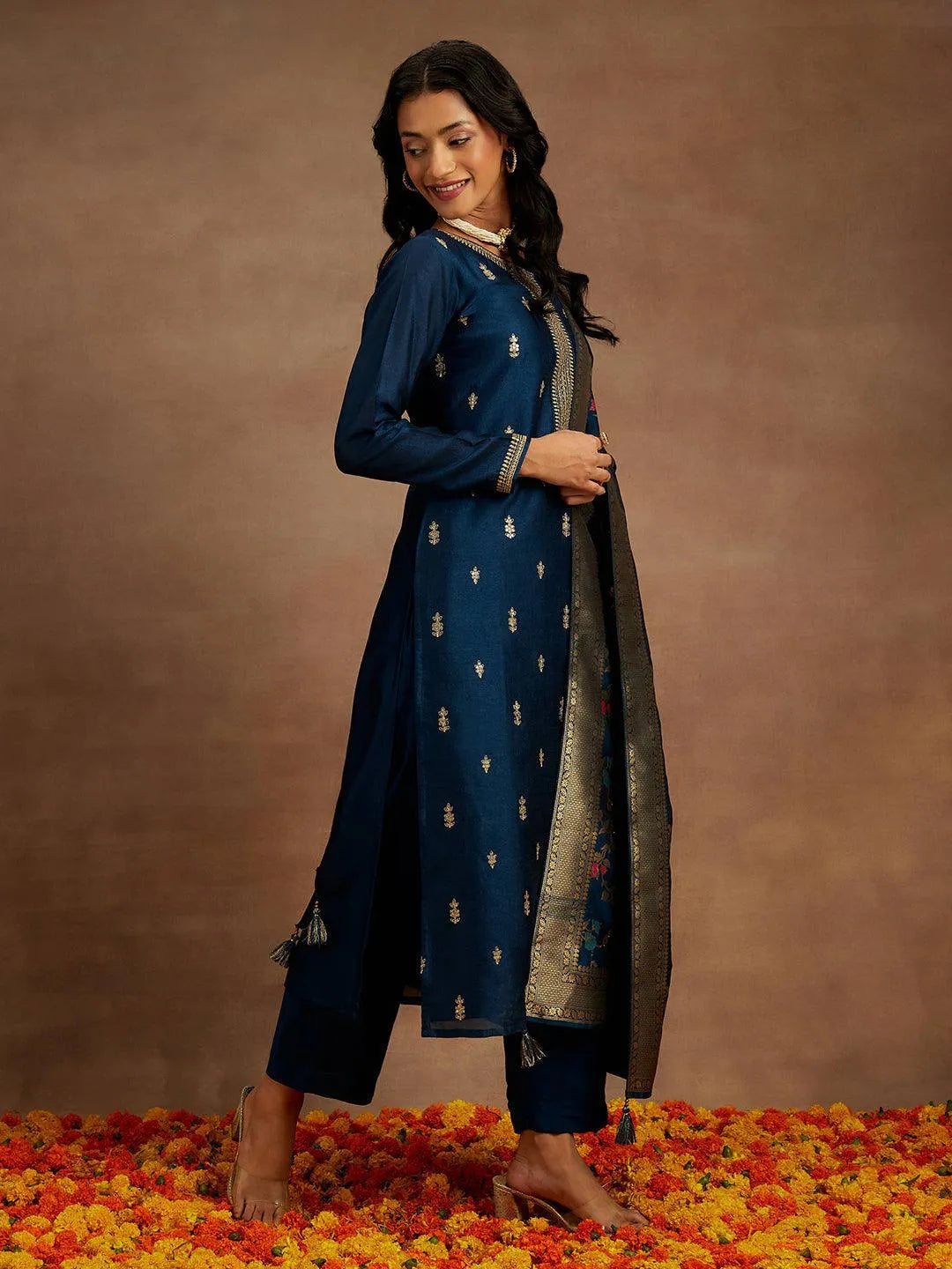 Teal Blue Embroidered Silk Blend Straight Kurta With Trousers & Dupatta - Libas