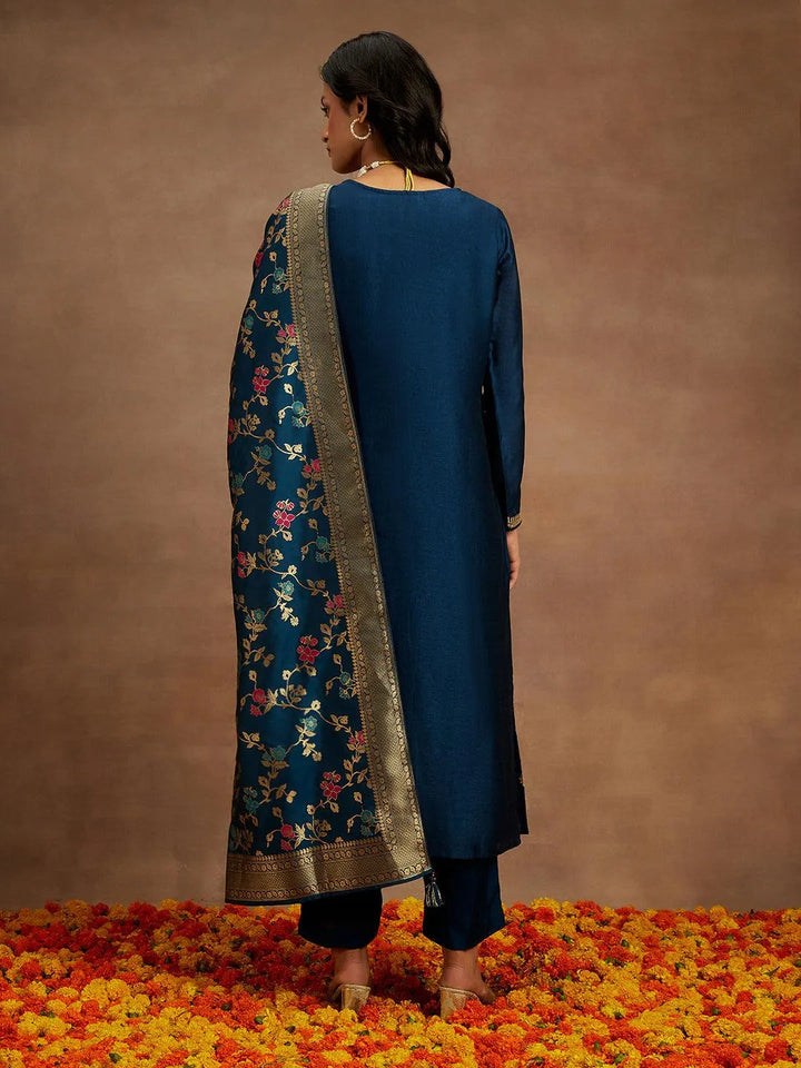 Teal Blue Embroidered Silk Blend Straight Kurta With Trousers & Dupatta - Libas