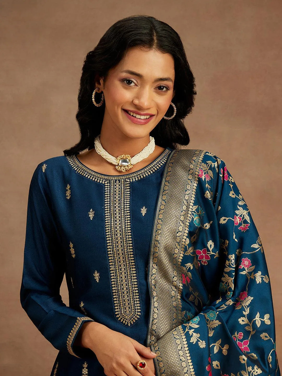 Teal Blue Embroidered Silk Blend Straight Kurta With Trousers & Dupatta - Libas