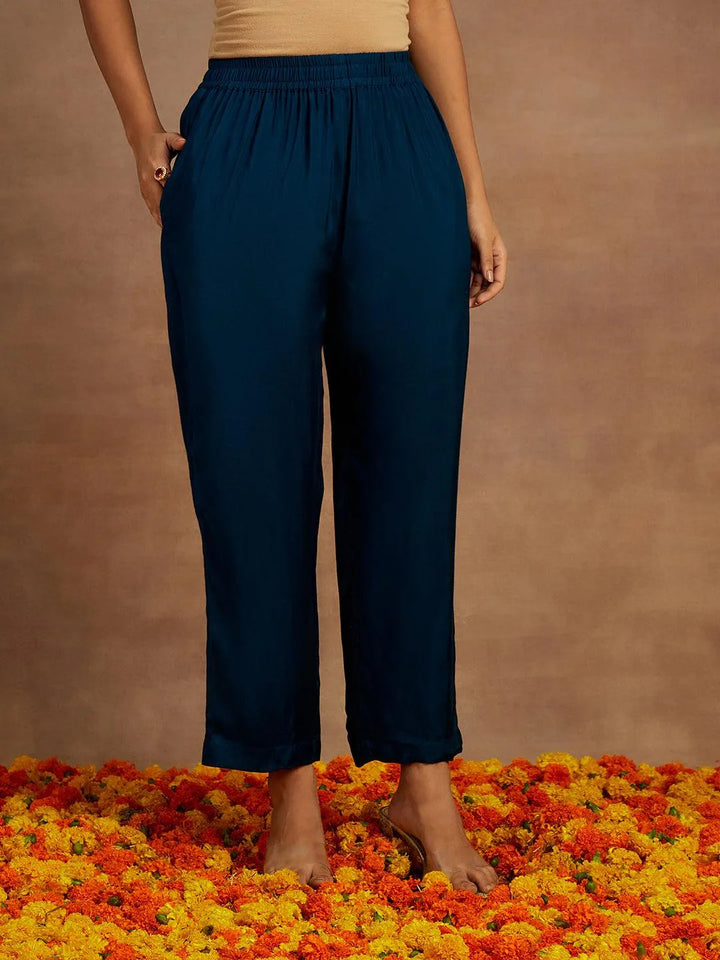 Teal Blue Embroidered Silk Blend Straight Kurta With Trousers & Dupatta - Libas