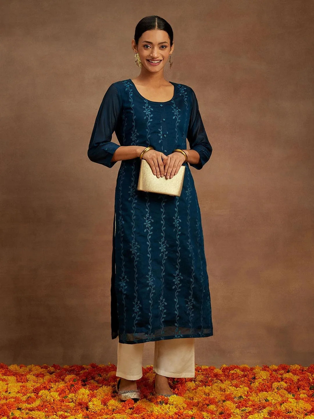 Teal Embroidered Chanderi Silk Straight Kurta - Libas