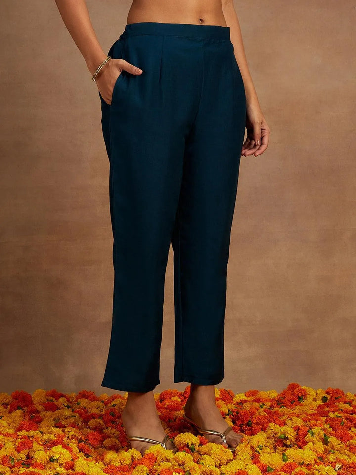 Teal Embroidered Silk Straight Kurta With Trousers & Dupatta - Libas