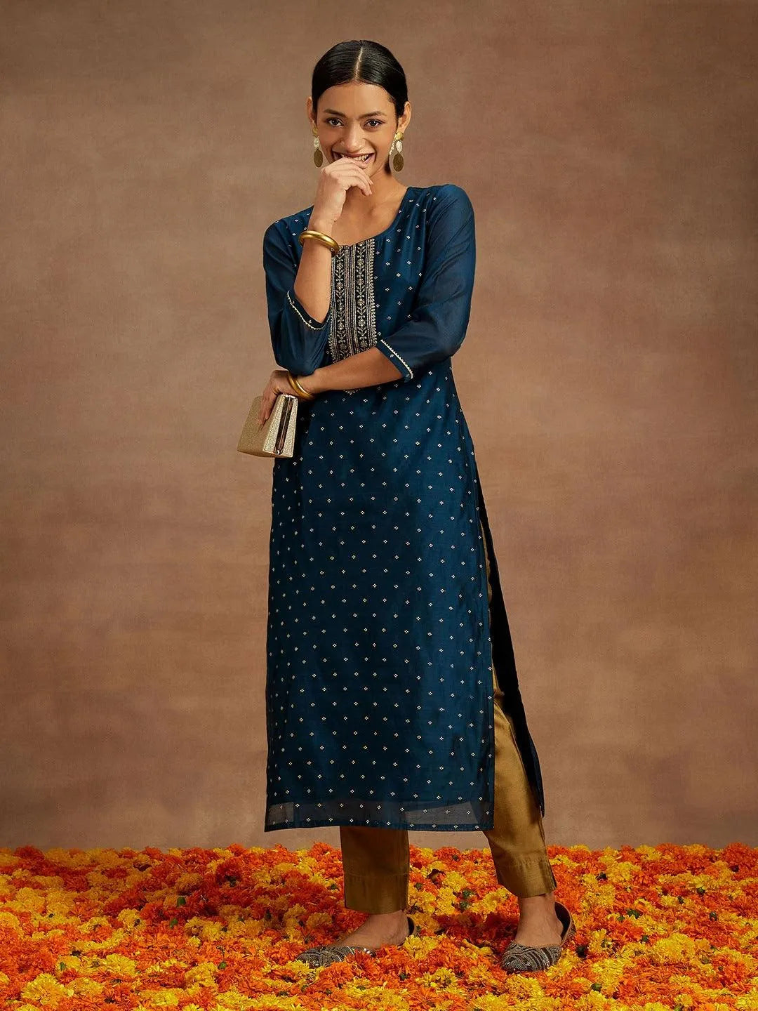 Buy Navy Blue Woven Design Chanderi Silk Straight Kurta Online at