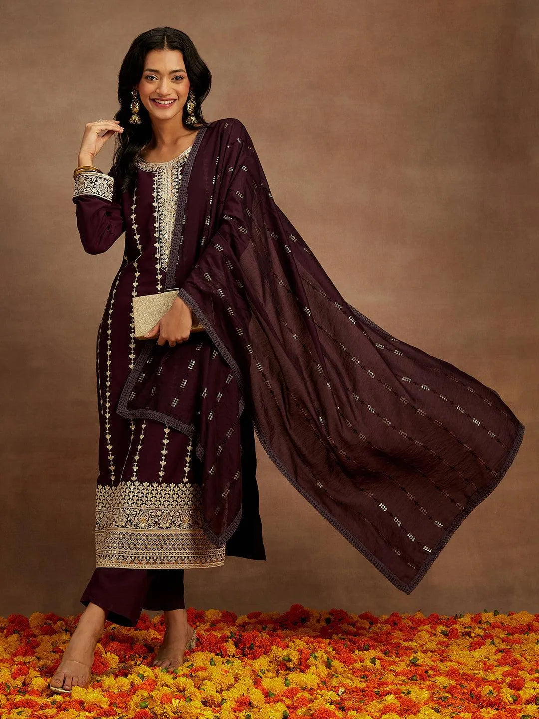 Buy Wine Embroidered Silk Straight Suit With Dupatta Online at Rs